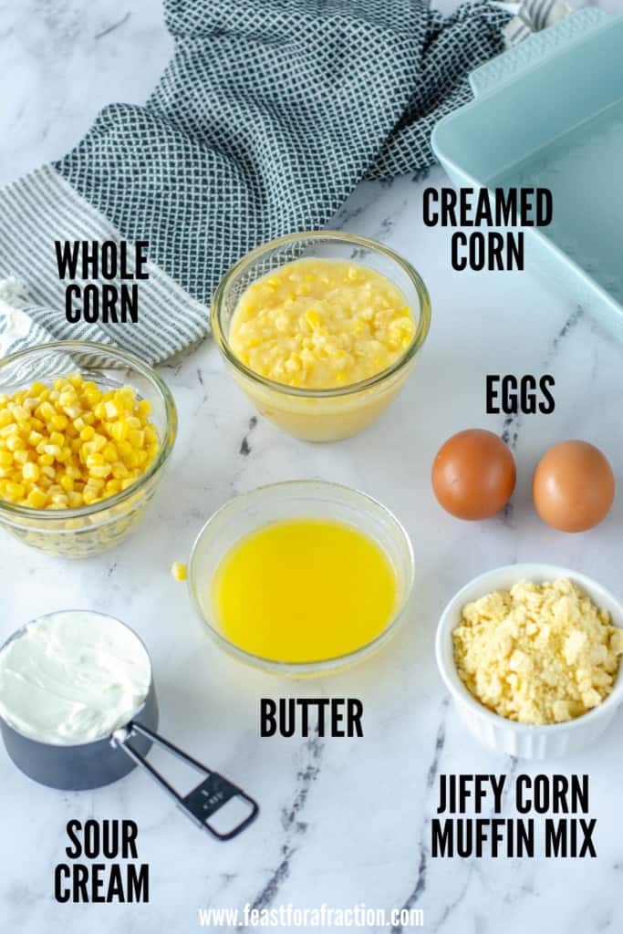 corn casserole ingredients drained canned corn, creamed corn, eggs, jiffy muffin mix, butter, sour cream