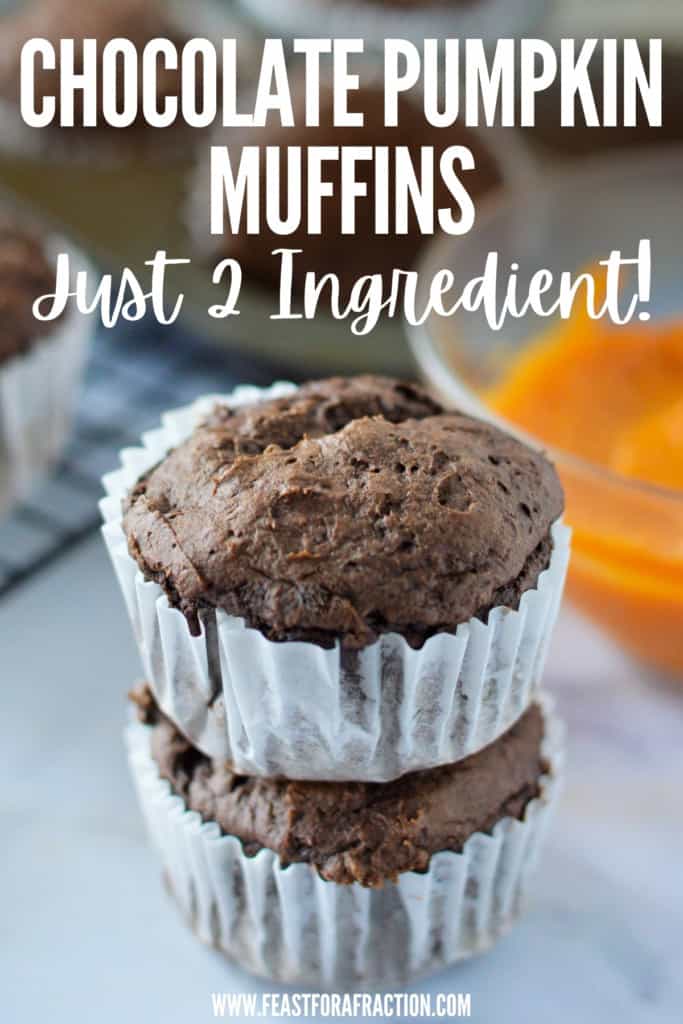stacked chocolate pumpkin muffins with title text