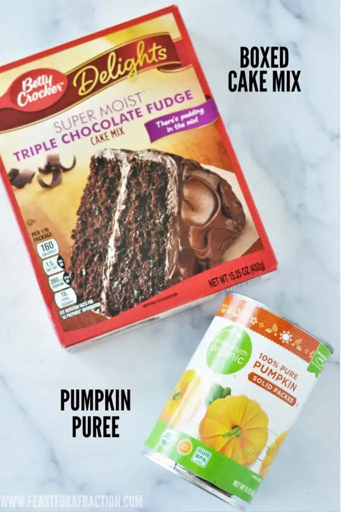 boxed cake mix and can of pumpkin puree on counter