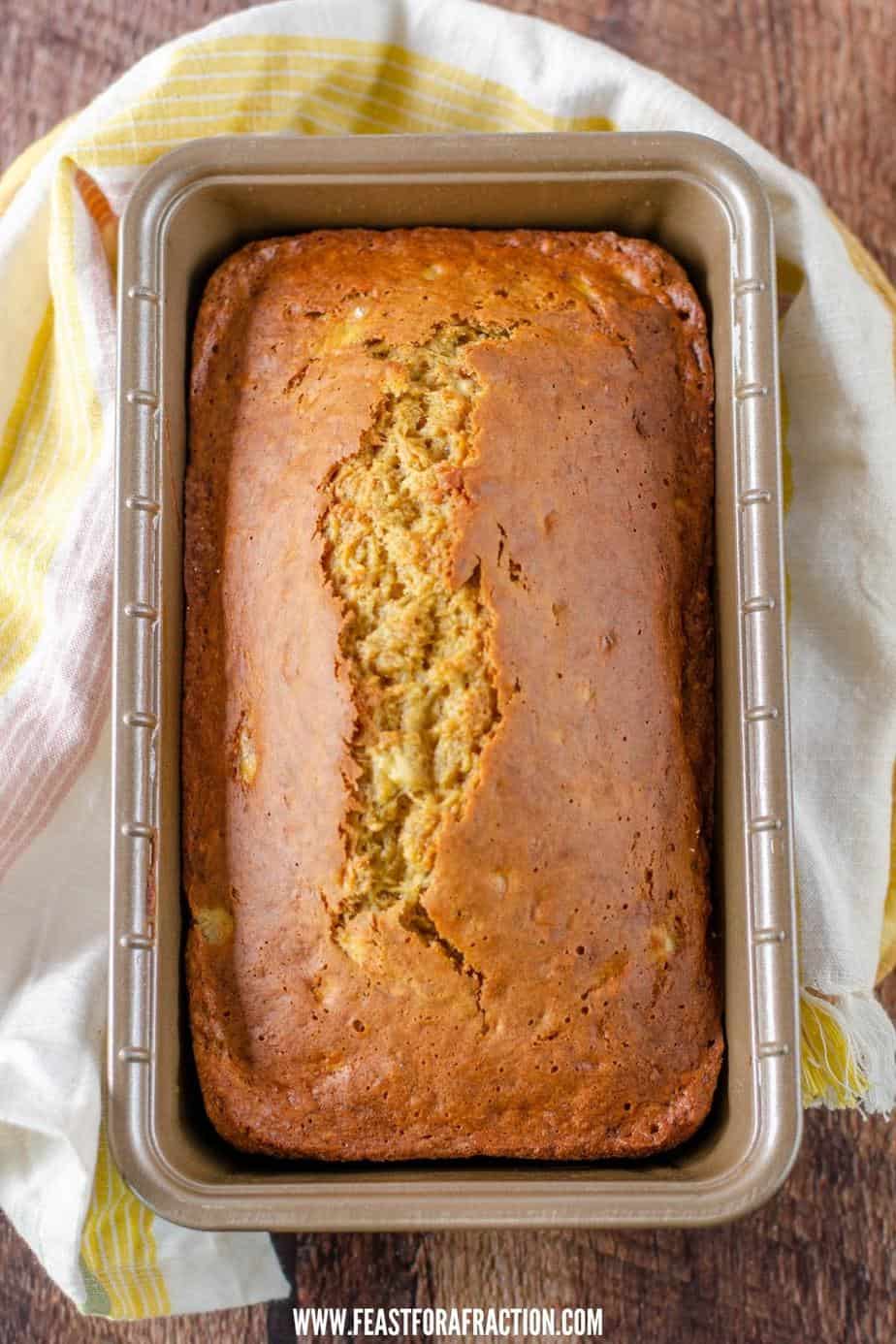 baked applesauce banana bread in bread pan