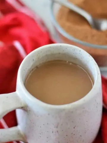 mug of hot chocolate with homemade hot chocolate mix in backgroup