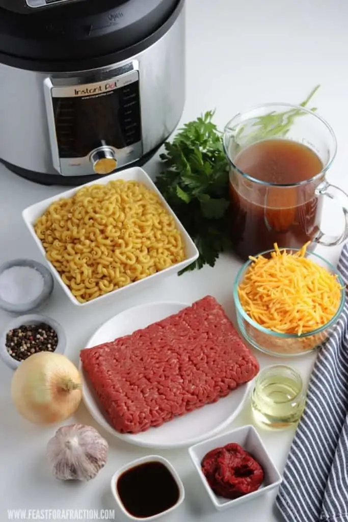ingredients for instant pot hamburger helper on counter