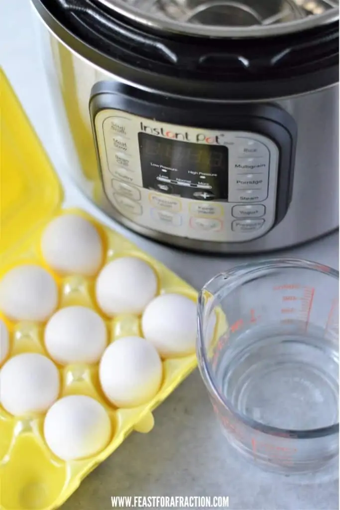 eggs in carton, measuring cup of water and Instant Pot