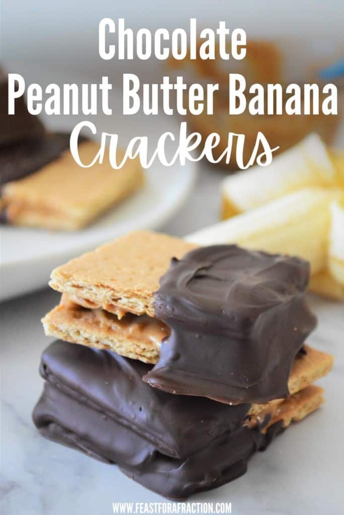 chocolate peanut butter banana crackers stacked on counter with title text