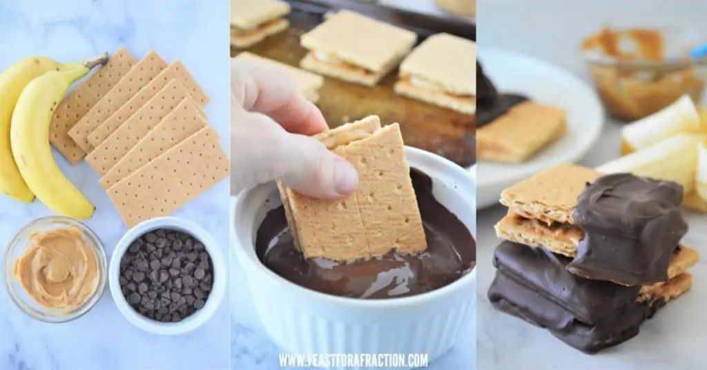 collage of ingredients for chocolate peanut butter banana crackers and finished product