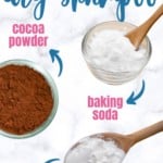 bowls of cocoa powder, baking soda and cornstarch with title text "DIY Dry Shampoo"