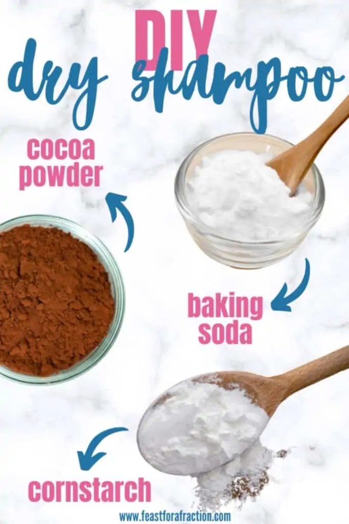 bowls of cocoa powder, baking soda and cornstarch with title text "DIY Dry Shampoo"