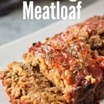 ketchup glazed stovetop stuffing meatloaf sliced on white plate