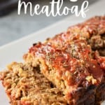 sliced stuffing meatloaf on white plate with title text