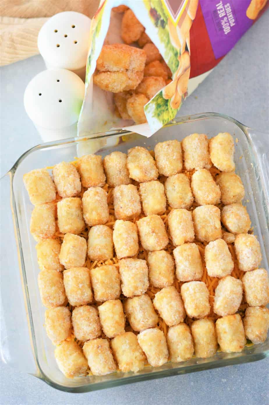 frozen tater tots layered on casserole