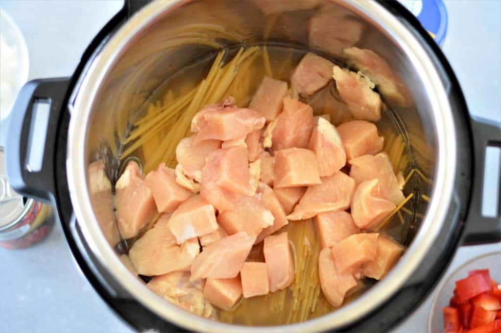 cubed chicken breast added to instant pot with dry spaghetti and chicken stock
