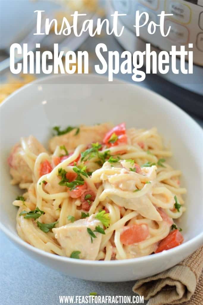 bowl of chicken spaghetti with instant pot in background with title text