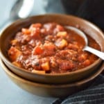 bowl of sweet potato turkey chili with spoon