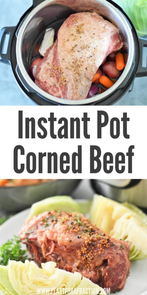 collage of corned beef in instant pot and cooked corned beef and cabbage on place