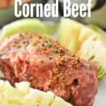 instant pot corned beef and cabbage on white plate with title text