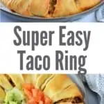 collage of taco crescent ring on platter with lettuce, tomato and avocado in center