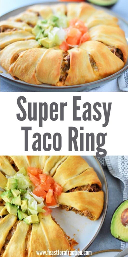 collage of taco crescent ring on platter with lettuce, tomato and avocado in center