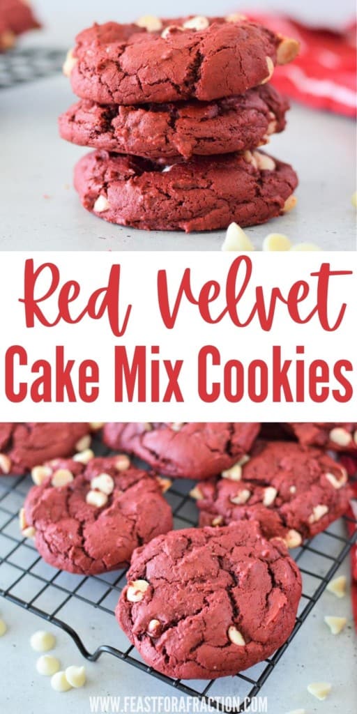collage of red velvet cake mix cookie images with title text