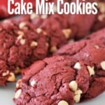 red velvet cake mix cookies on white platter with title text