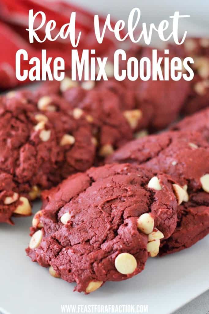 red velvet cake mix cookies on white platter with title text