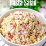pasta salad with tuna in white bowl with title text