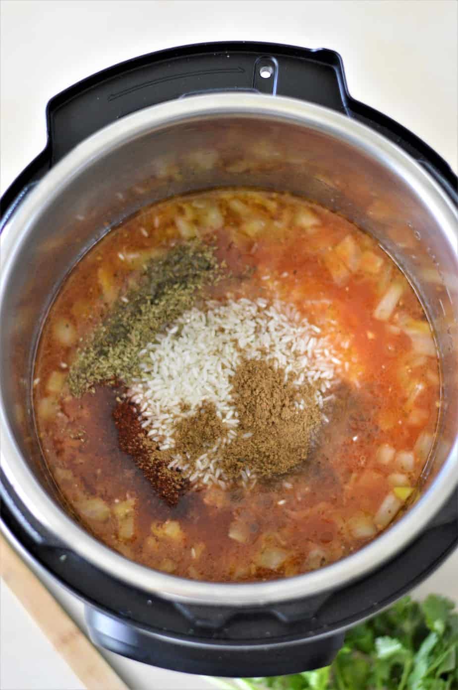 rice, water, tomato sauce, chopped onions and spices in Instant Pot