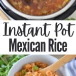 collage of mexican rice ingredients and instant pot mexican rice in white bowl with title text