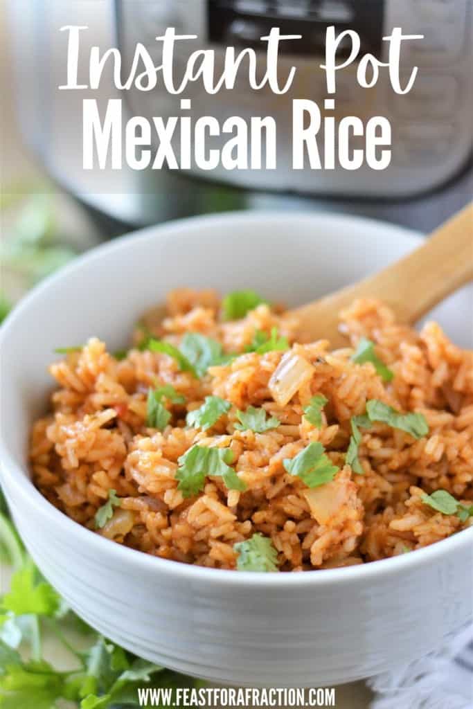 white bowl of Instant Pot Mexican Rice with wooden spoon and instant pot in background with title text