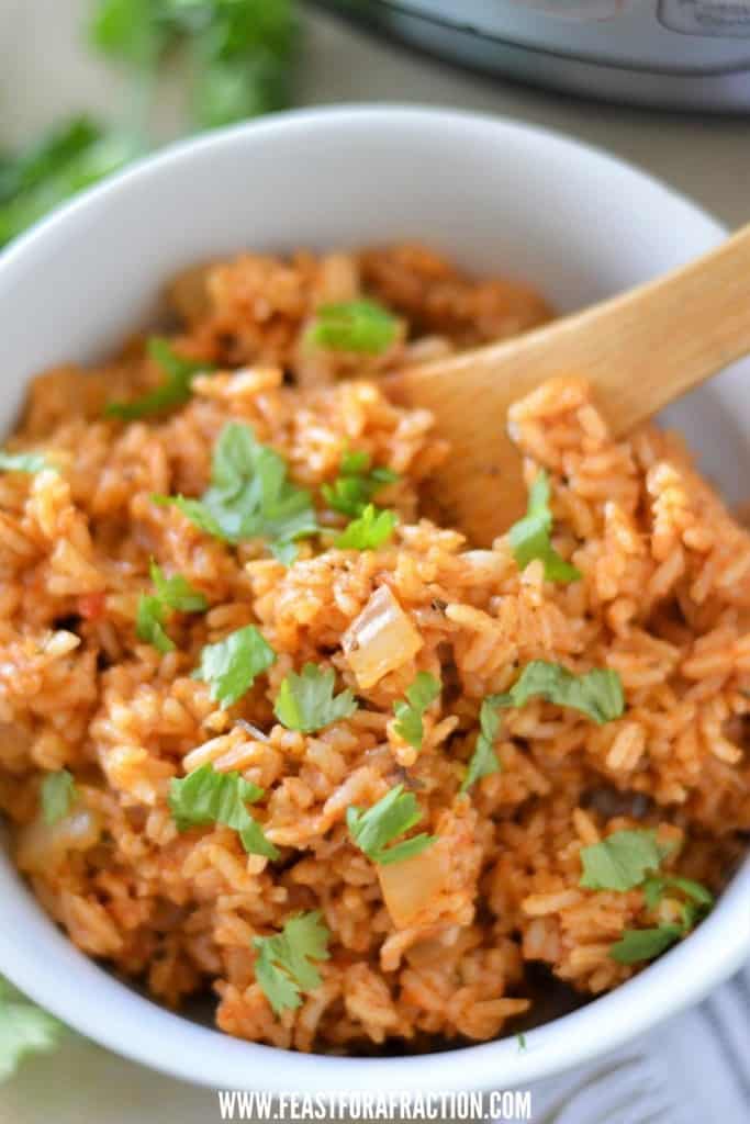 overhead view of instant pot mexican rice in white bowl