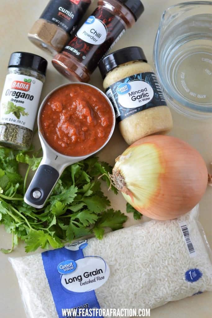 rice, onion, water, garlic, tomato sauce, spices and cilantro on counter