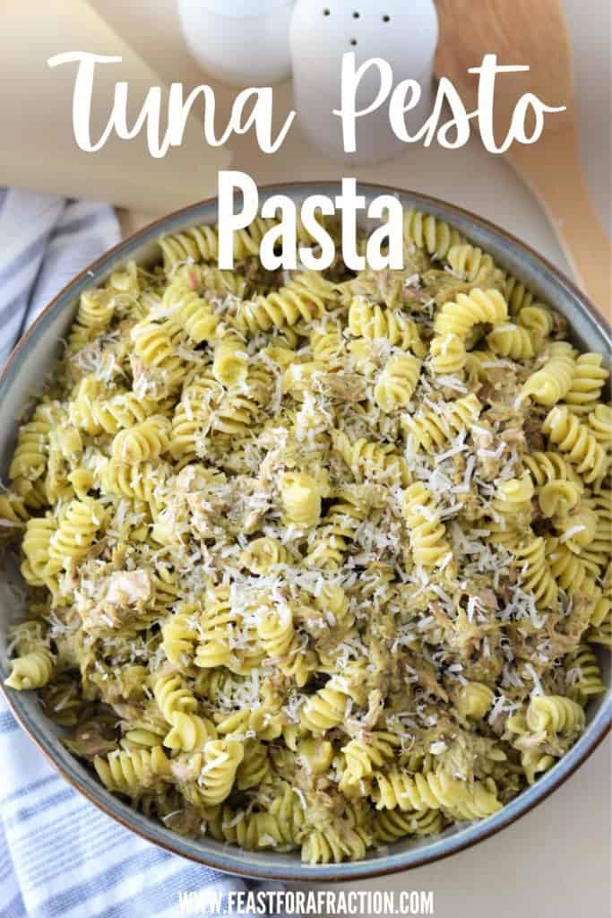 large bowl of tuna pesto pasta with title text