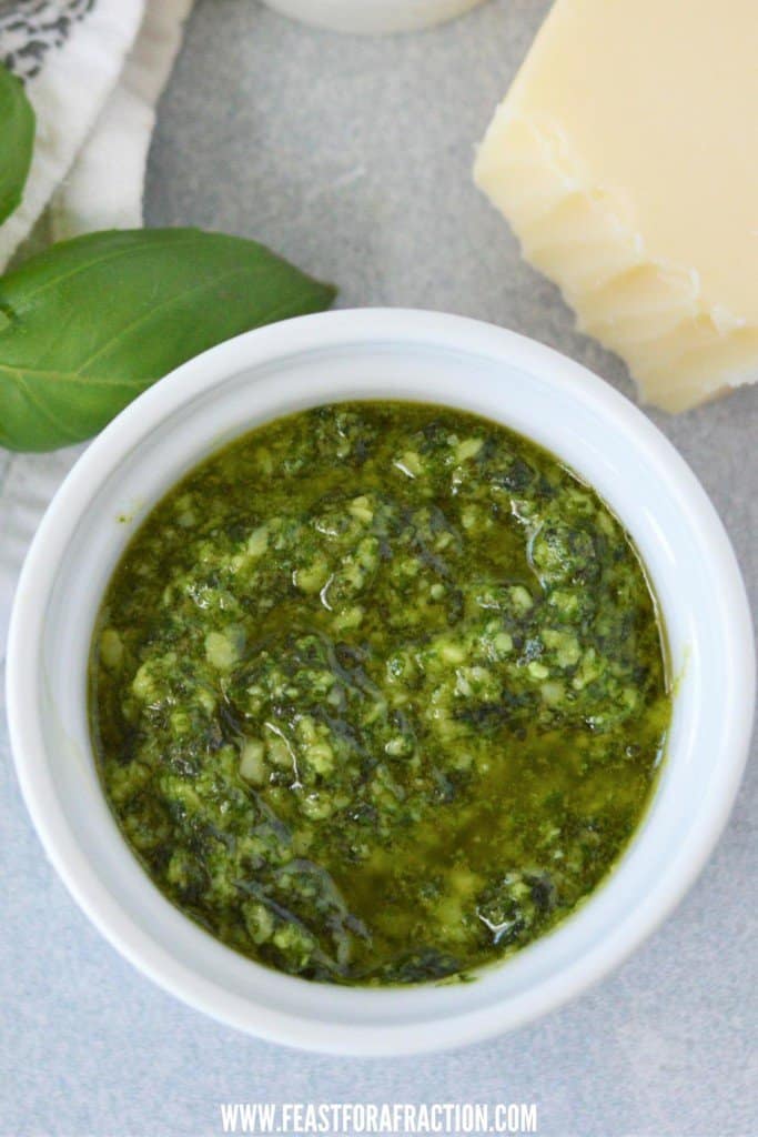 overhead view of homemade nut free pesto in ramekin