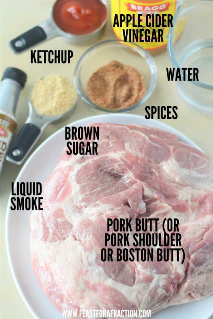 ingredients for instant pot pork butt with labeled text