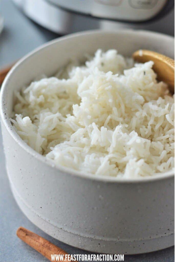 close up of gray bowl filled with instant pot cooked basmati rice