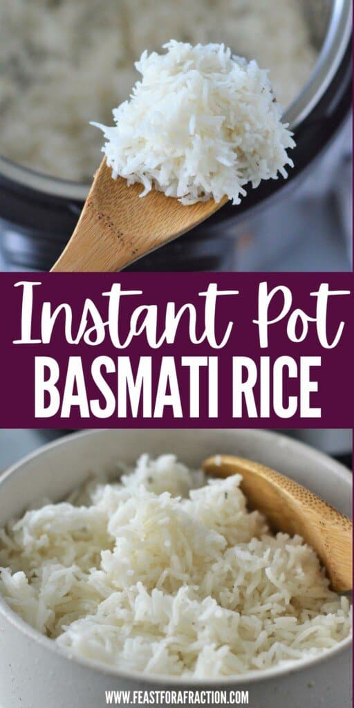 collage of instant pot basmati rice in instant pot and in bowl with bamboo spoon