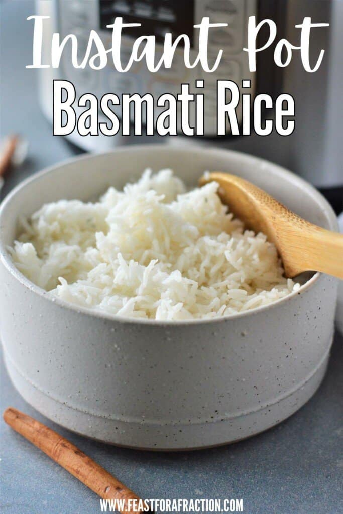 bowl of pressure cooked basmati rice with title text
