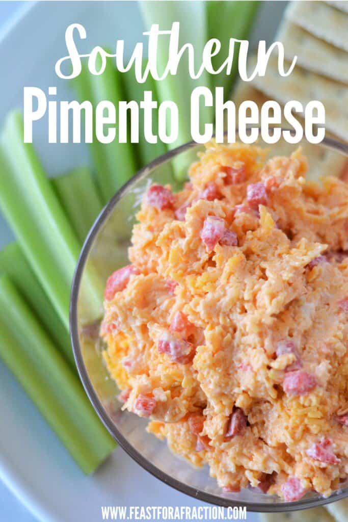 pimiento cheese spread in bowl with celery sticks and crackers with title text