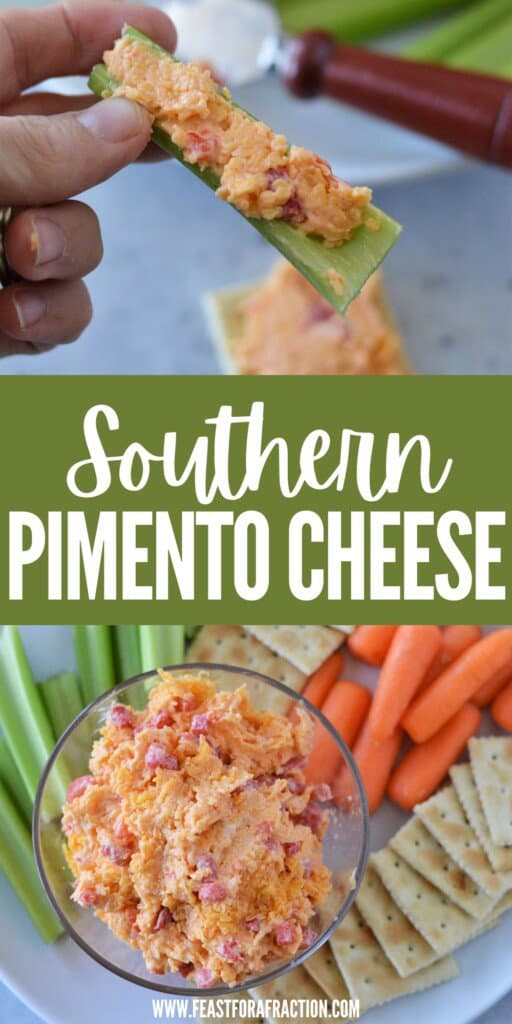 collage of pimento cheese in a bowl and spread on a celery stick with title text