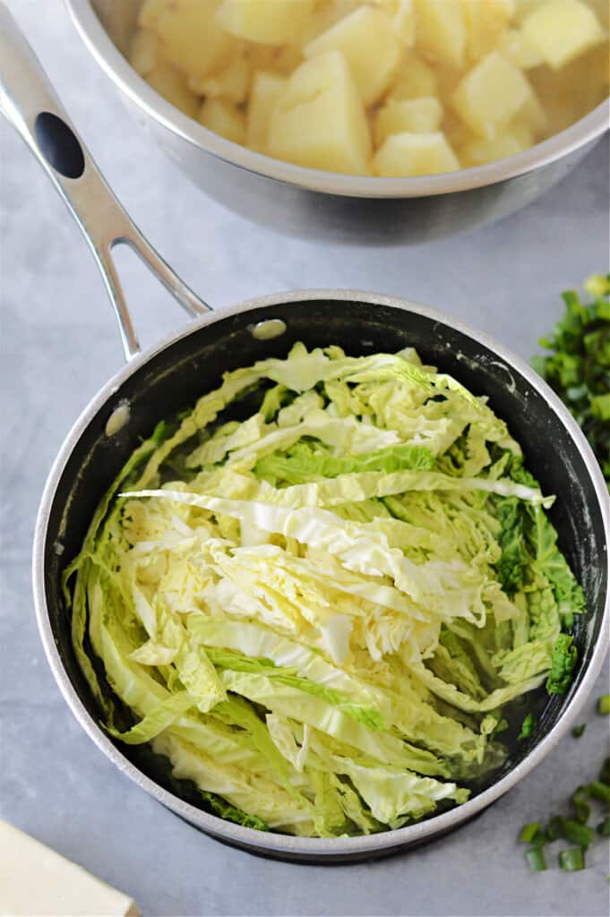 sliced cabbage in saucepan
