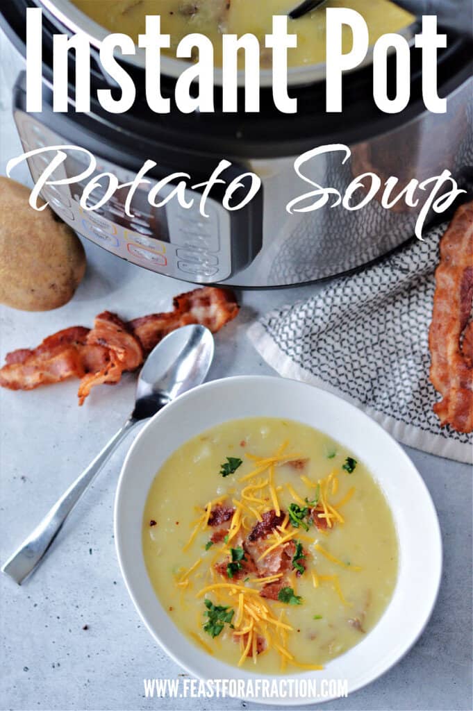 potato soup in white bowl with cheese, bacon and parsley