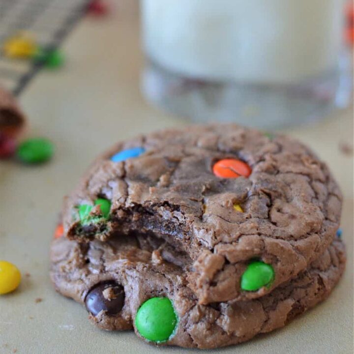 brownie mix cookies stacked with bite out