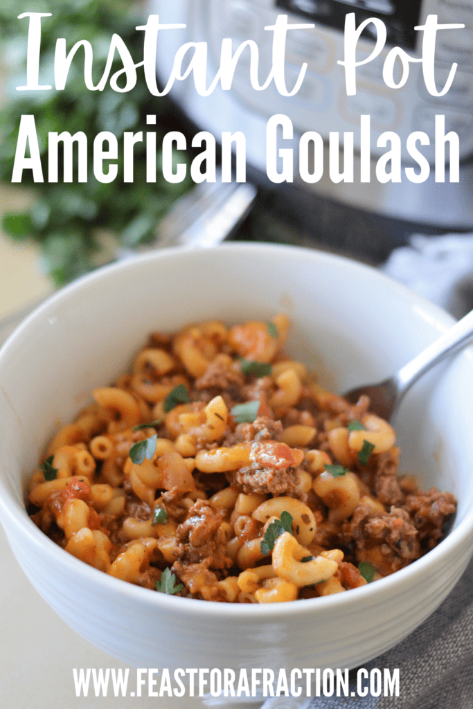 instant pot american goulash in white bowl with fork