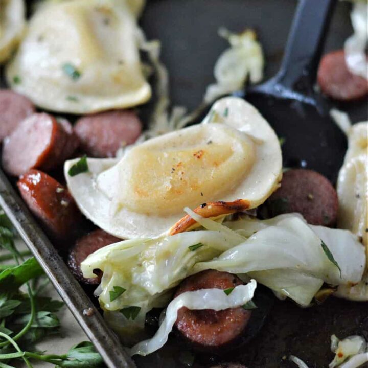 pierogi, cabbage and sausage cooked on sheet pan