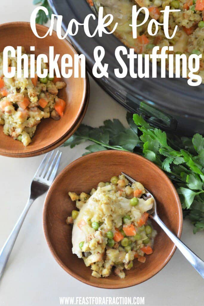 bowls with crock pot chicken and stuffing
