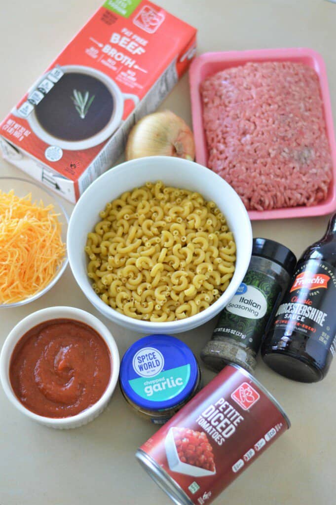 ingredients for american goulash laying on counter