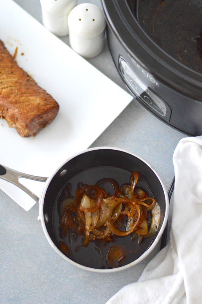 A slow cooker pork loin roast with boneless meat.