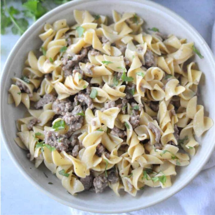 beef stroganoff (ground beef, cream of mushroom soup and egg noodles) in white bowl