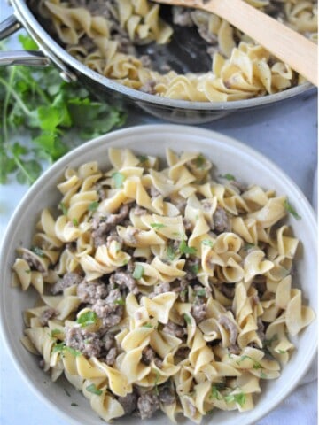 beef stroganoff garnished with parsley in white bowl