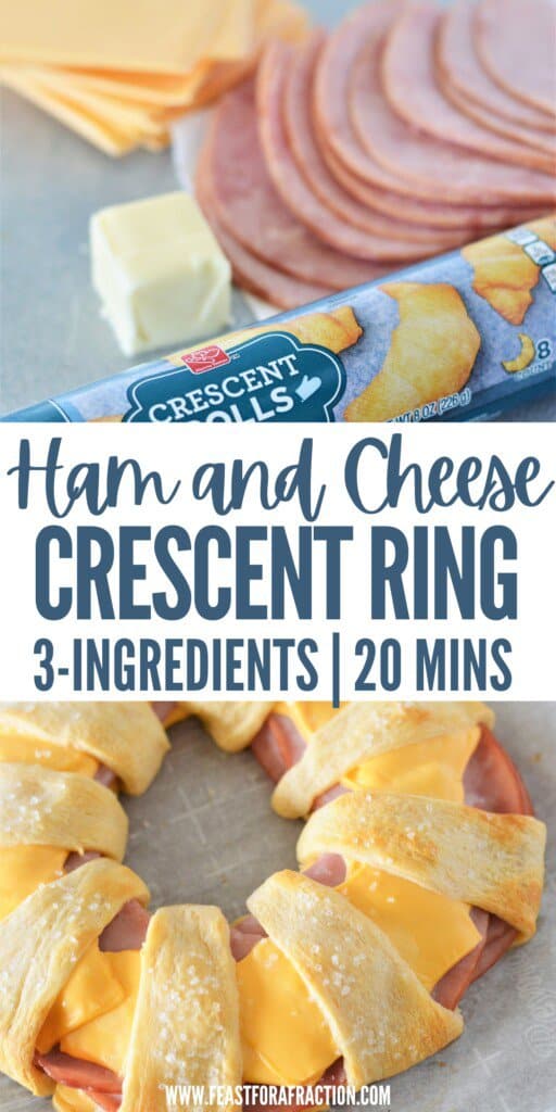 collage of ham and cheese crescent ring ingredients and baked ring with ham and cheese