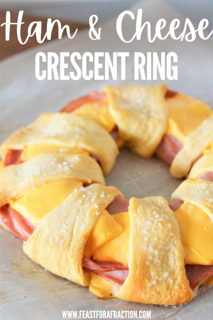 ham and cheese ring on parchment with title text
